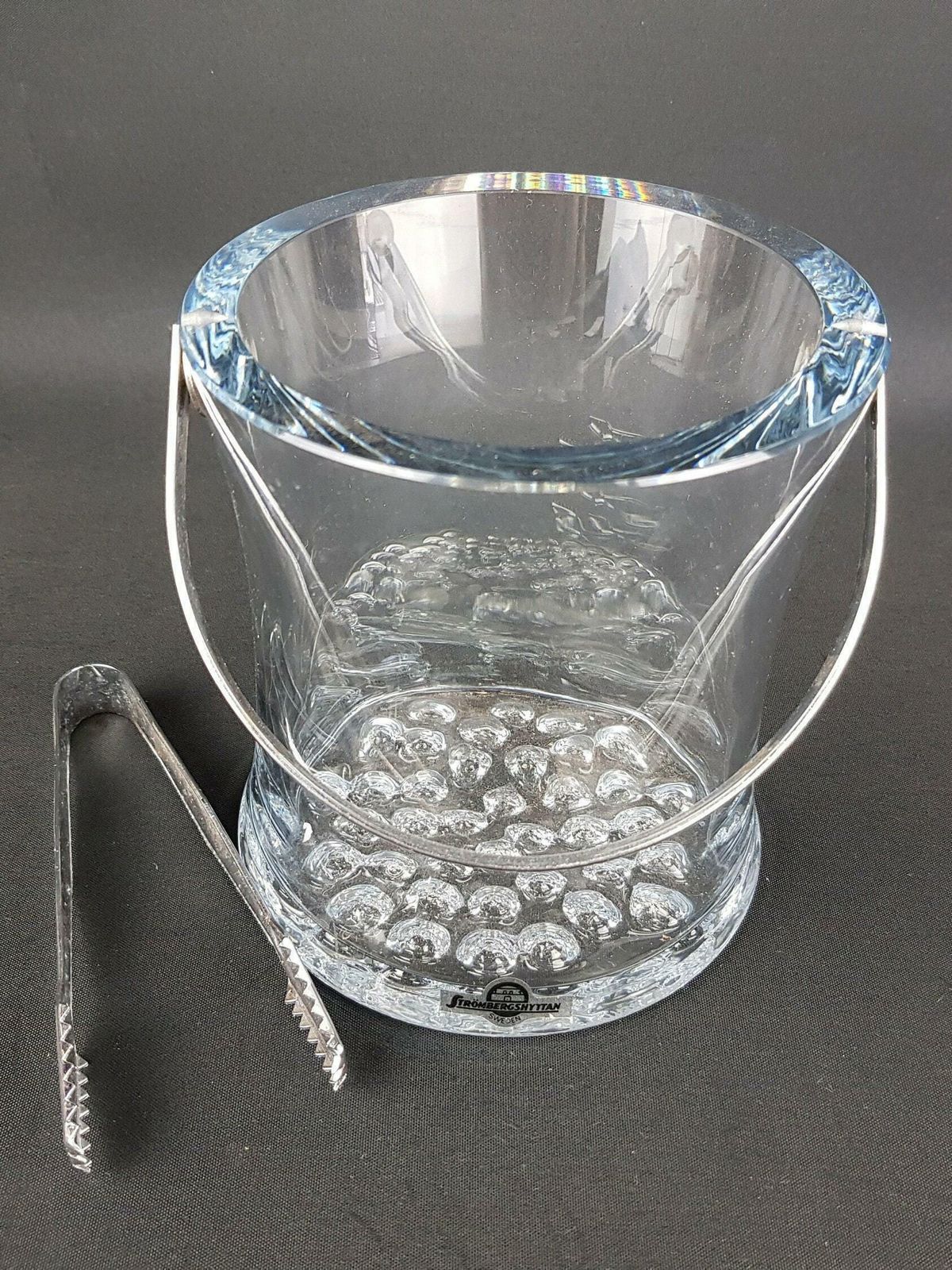Vintage Clear Strombergshyttan Swedish Crystal Glass Ice Bucket With Bubble Decor By Gerda Stromberg G32 Scandinavia 1967 photo furniture