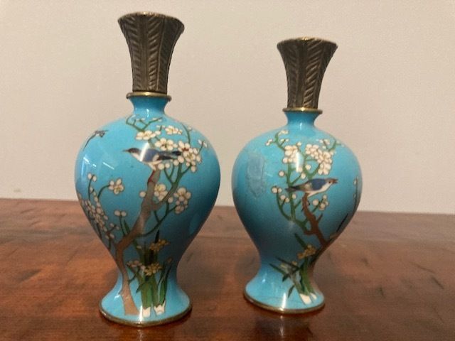 Pair Of 19th Century Cloisonne Perfume Vases Antique China Rarity photo for sale