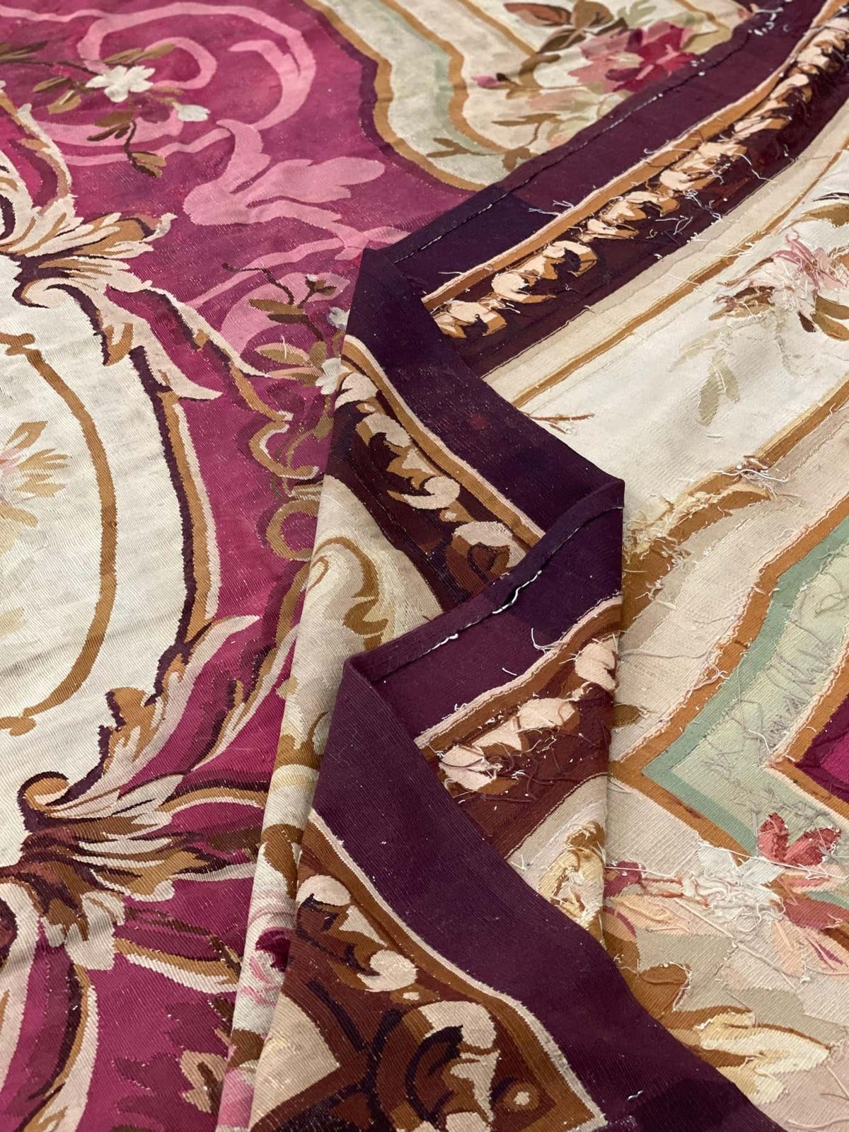 Antique Carpet Burgundy Beige Aubusson Rug, Extra Large Wool Tapestry Rug photo for sale
