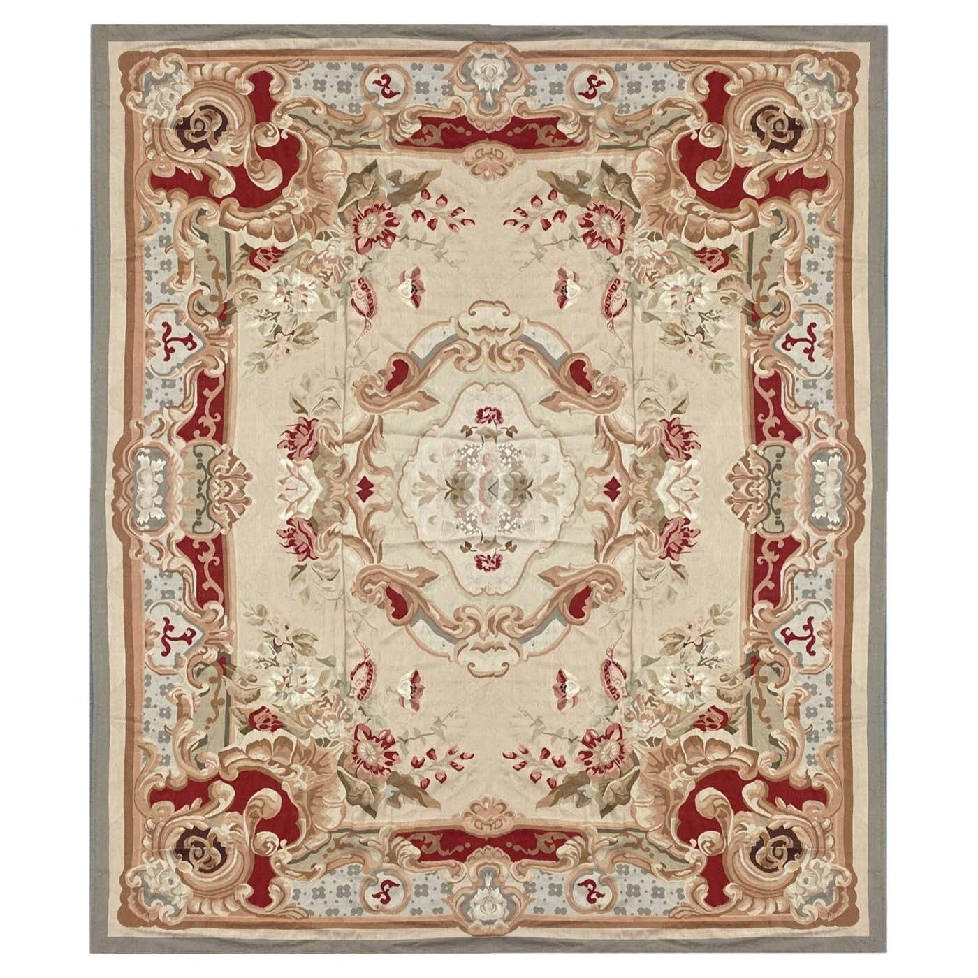 Antique Carpet Burgundy Beige Aubusson Rug, Extra Large Wool Tapestry Rug