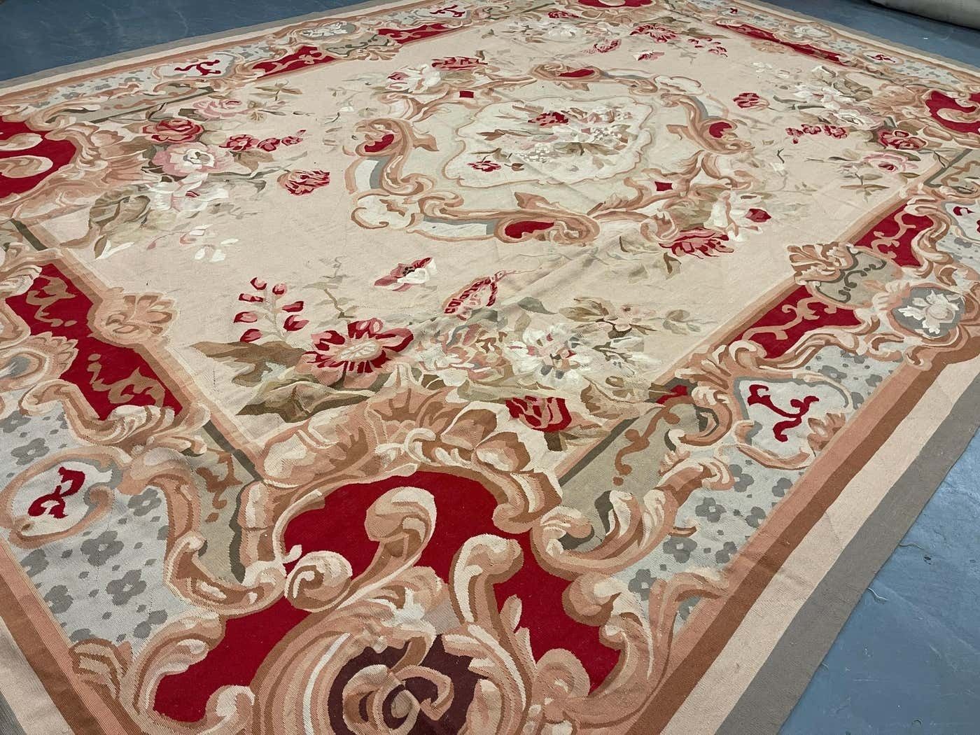 Antique Carpet Burgundy Beige Aubusson Rug, Extra Large Wool Tapestry Rug photo Textiles