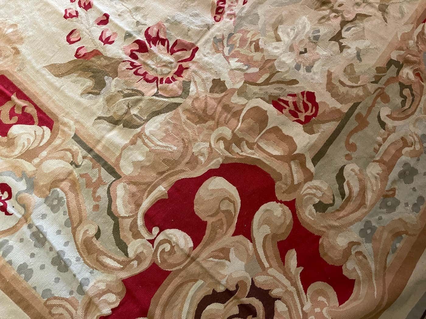 15900.0 Antique Carpet Burgundy Beige Aubusson Rug, Extra Large Wool Tapestry Rug photo