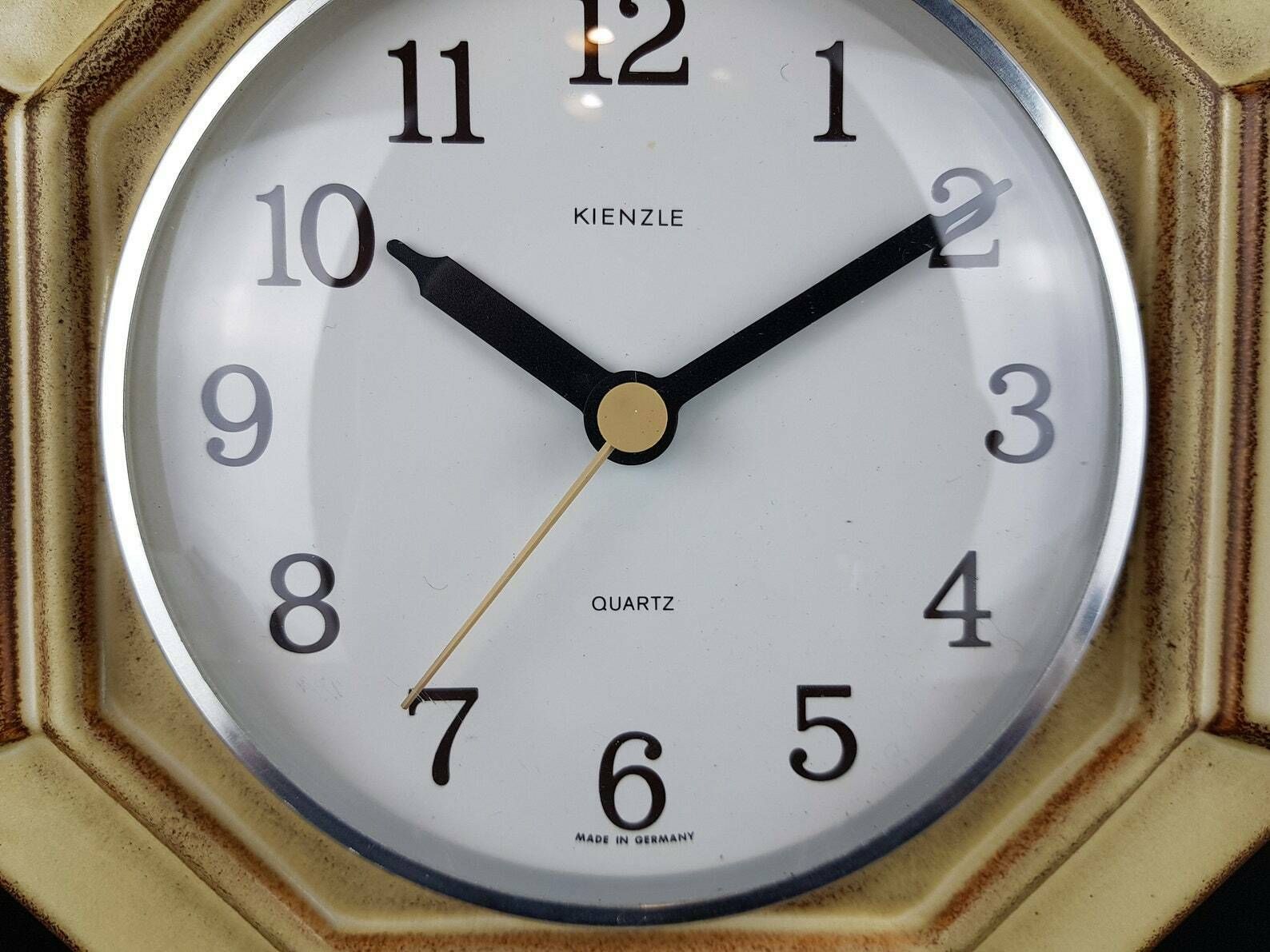 Vintage Kienzle Quartz Beige And Brown Hexagon Ceramic Kitchen Clock West German Pottery 1970s photo Home Decor