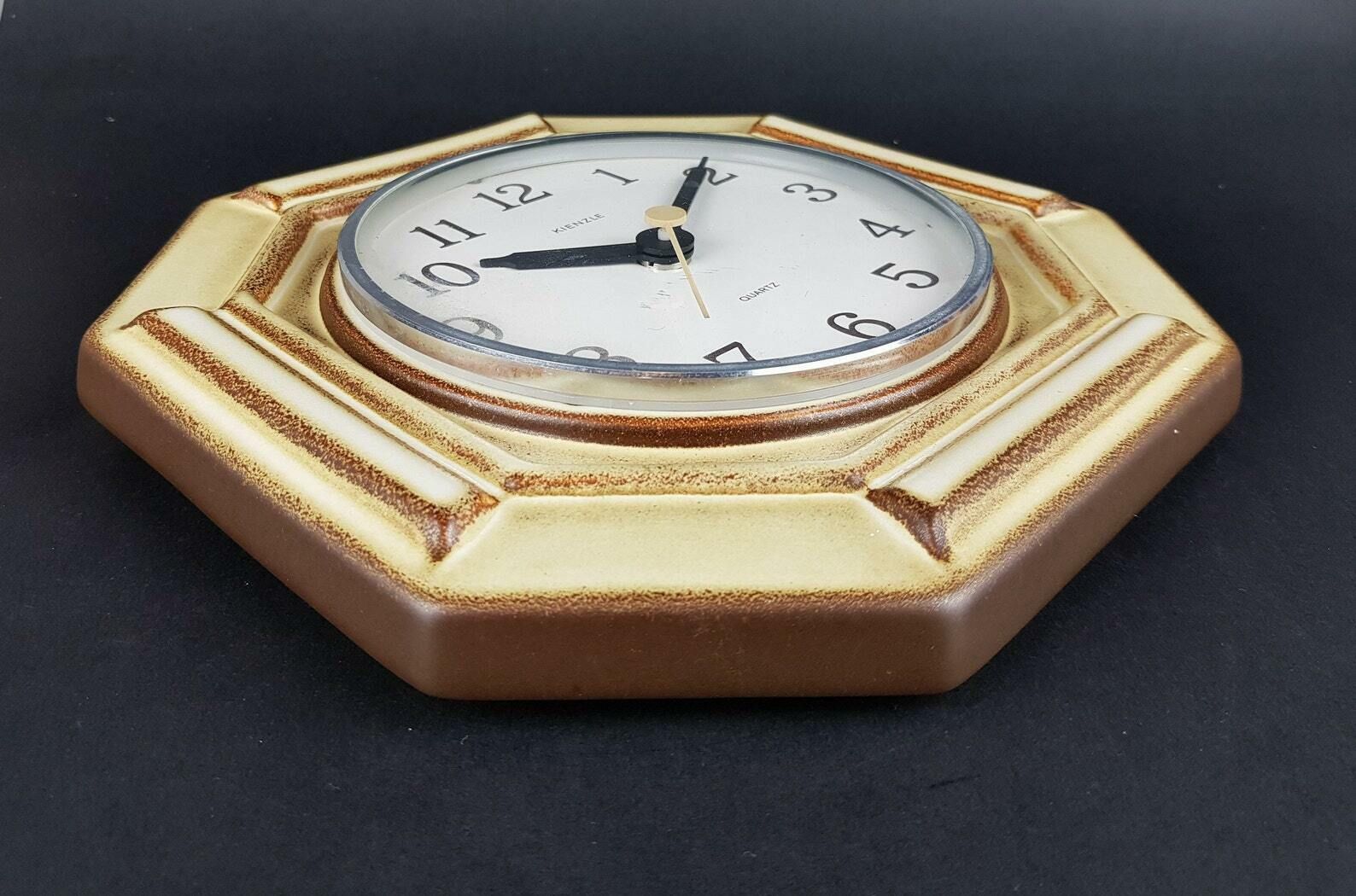 Vintage Kienzle Quartz Beige And Brown Hexagon Ceramic Kitchen Clock West German Pottery 1970s photo 89.0