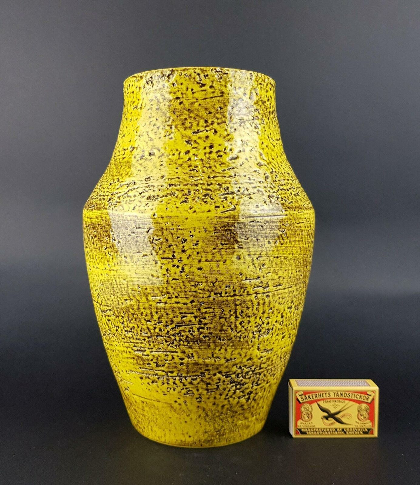 Vintage Silberdistel Fayencen Yellow Vase With Black Accents West German Pottery 1970s photo furniture
