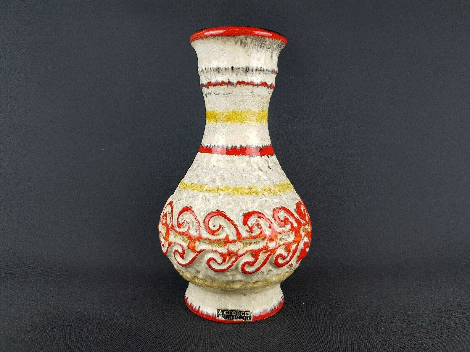 Vintage Ubelacker (ü Keramik) Fat Lava Red Yellow And Beige Vase 1382 27 West German Pottery 1960s 1970s