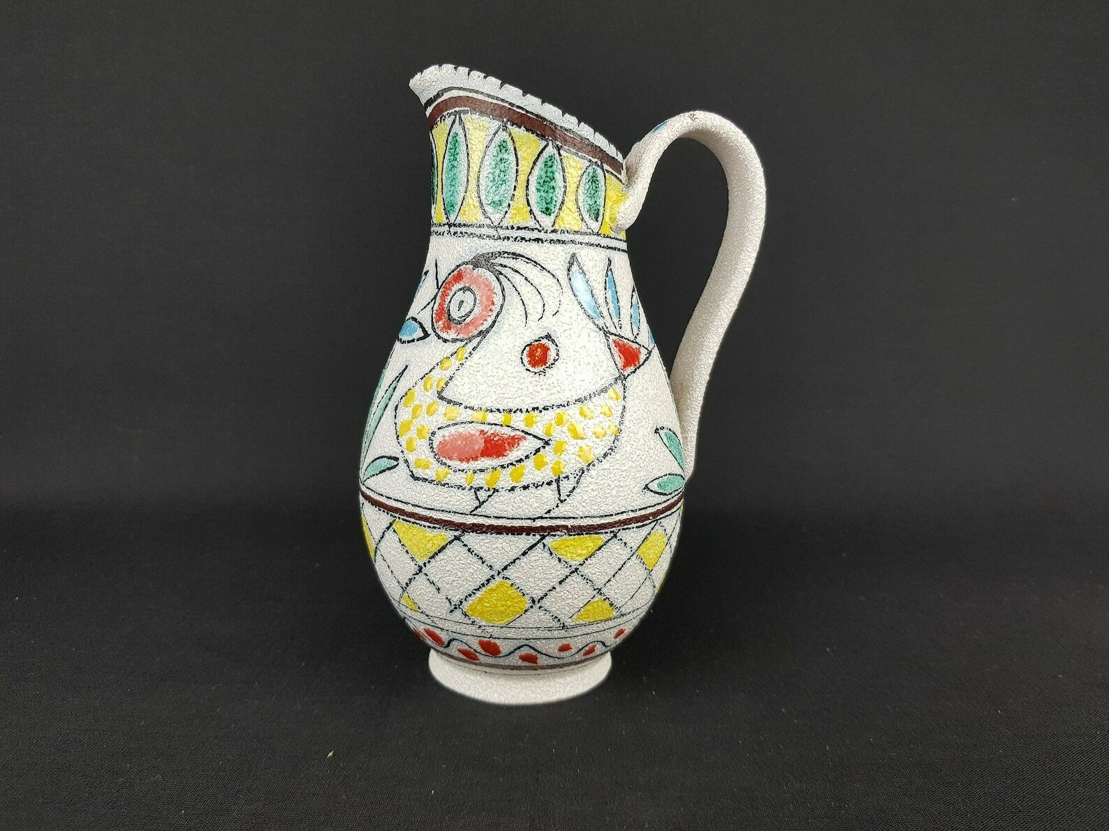 Vintage Handled Jug Vase From Fratelli Fanciullacci With Birds Decor From Italy 7435   1960s