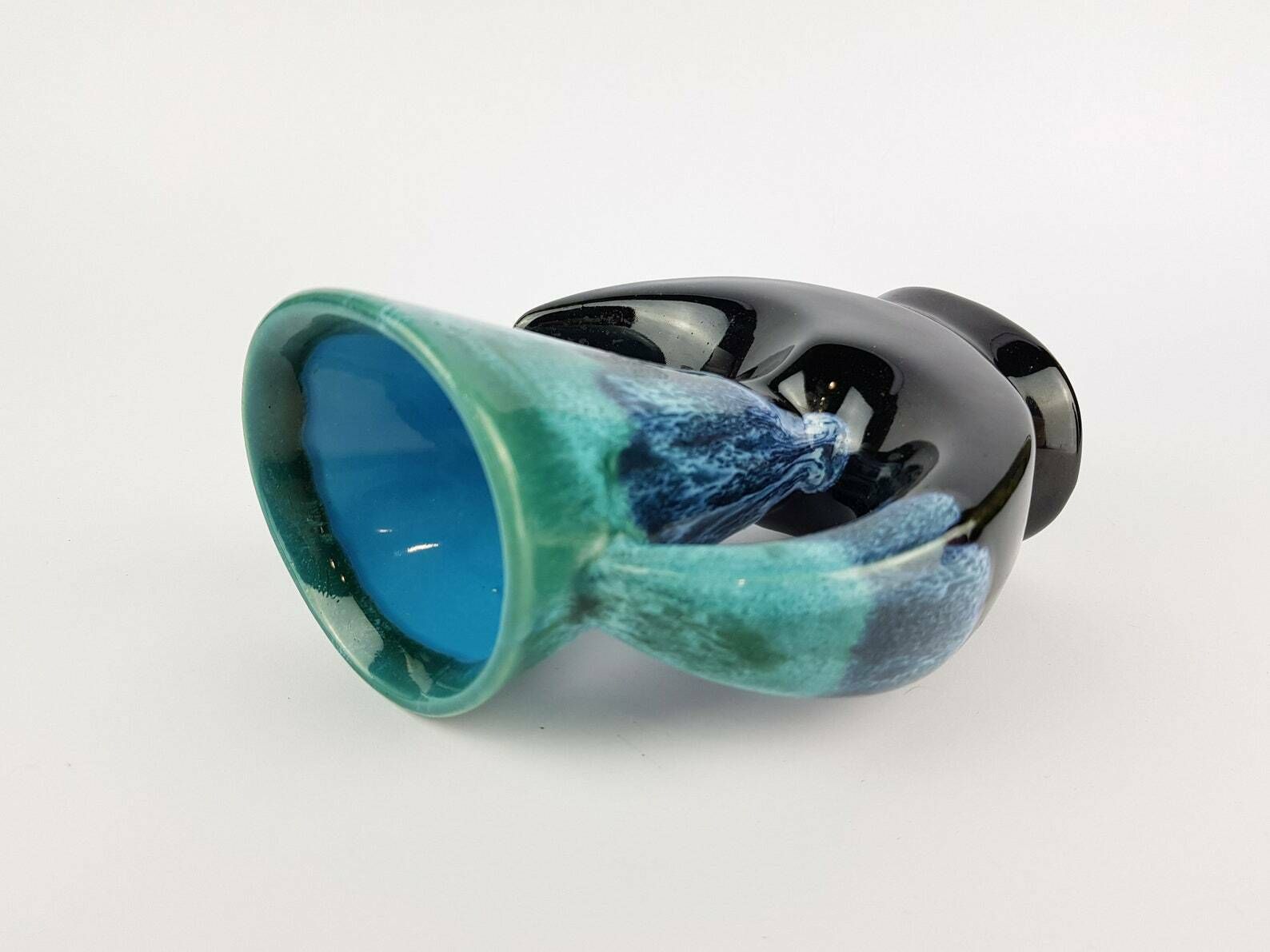 Vintage Blue And Black Fat Lava French Pottery Vase 1960s photo Home Decor