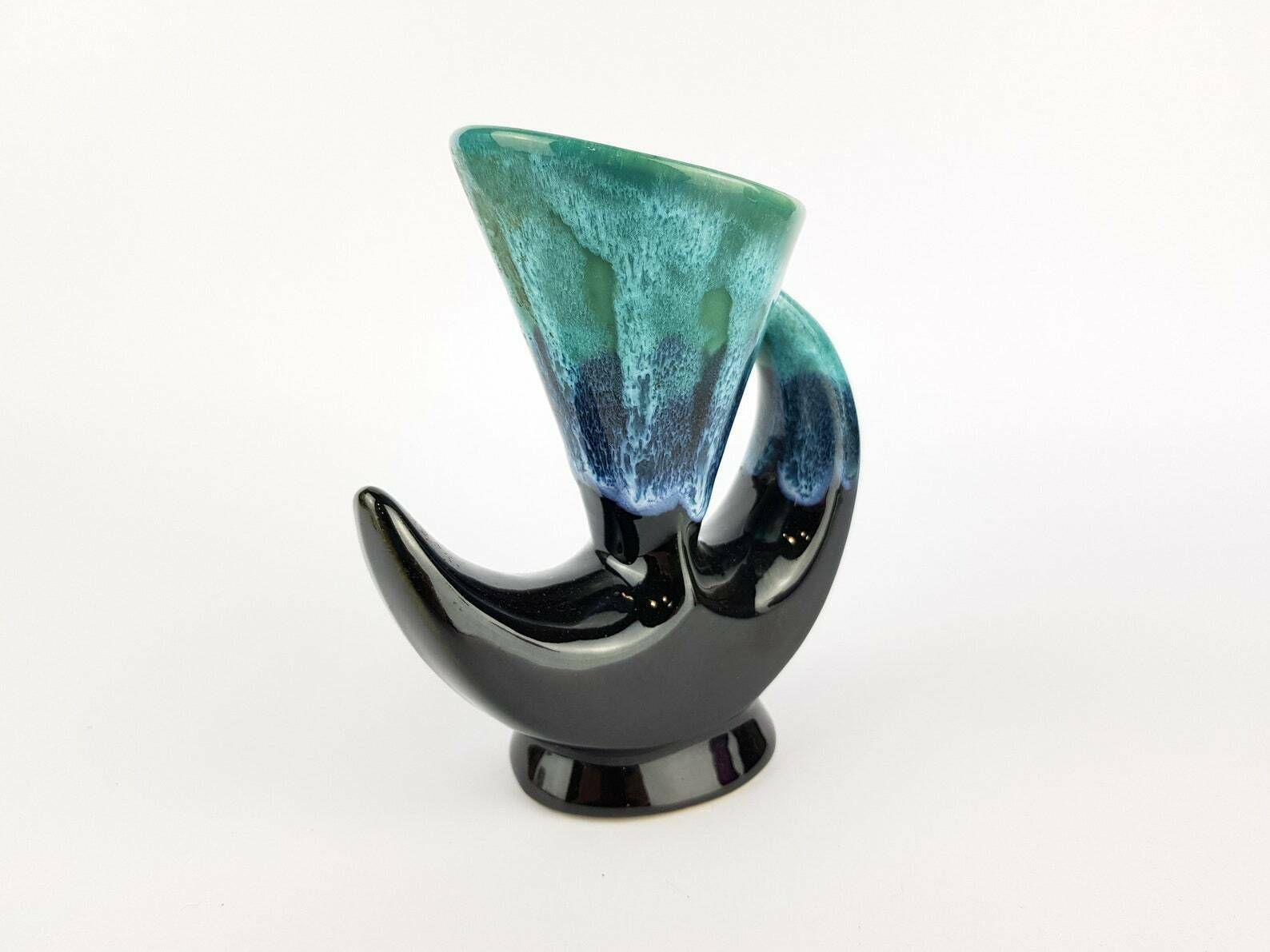 Vintage Blue And Black Fat Lava French Pottery Vase 1960s photo vinterior