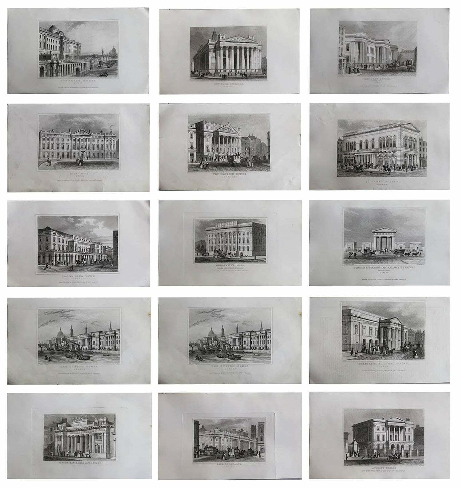 Set Of 15 Antique Architectural Prints, London Buildings, Circa 1840