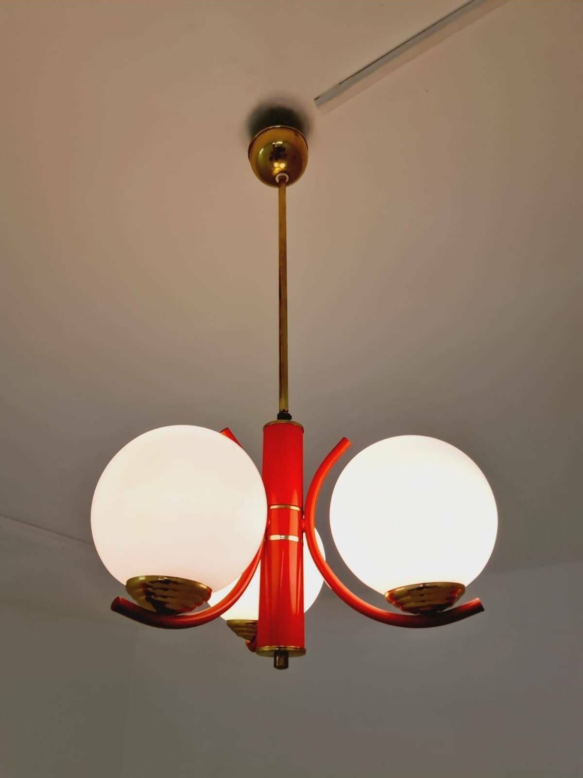 Space Age Ceiling Lamp/ Pendant Lamp By Richard Essig Sputnik Atom, Red And White 1970s photo vinterior