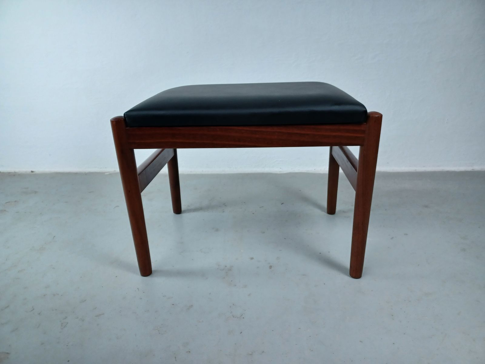 Restored Danish Teak Footstool Reupholstered In Black Leather 1960's