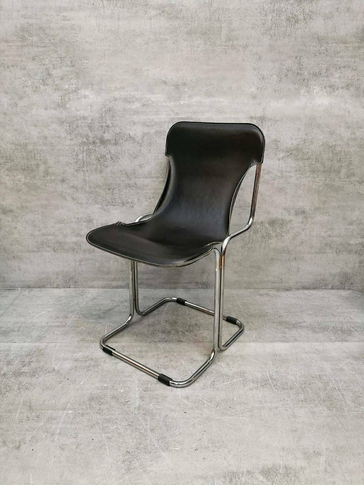 Leather & Chrome Tubular Sling Bauhaus Chair, Italy .1970s