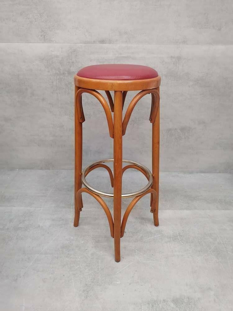 Bentwood Bar Stool In Red Leather Color From Thonet. 1970s photo furniture