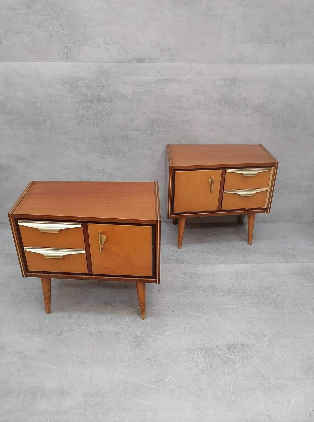 A Set Of Mid Century Modern Vintage Maple Wood Bedside Tables Or Small Chests Of Drawers Designed And Manufactured In Italy, Rome, 1960s photo Furniture