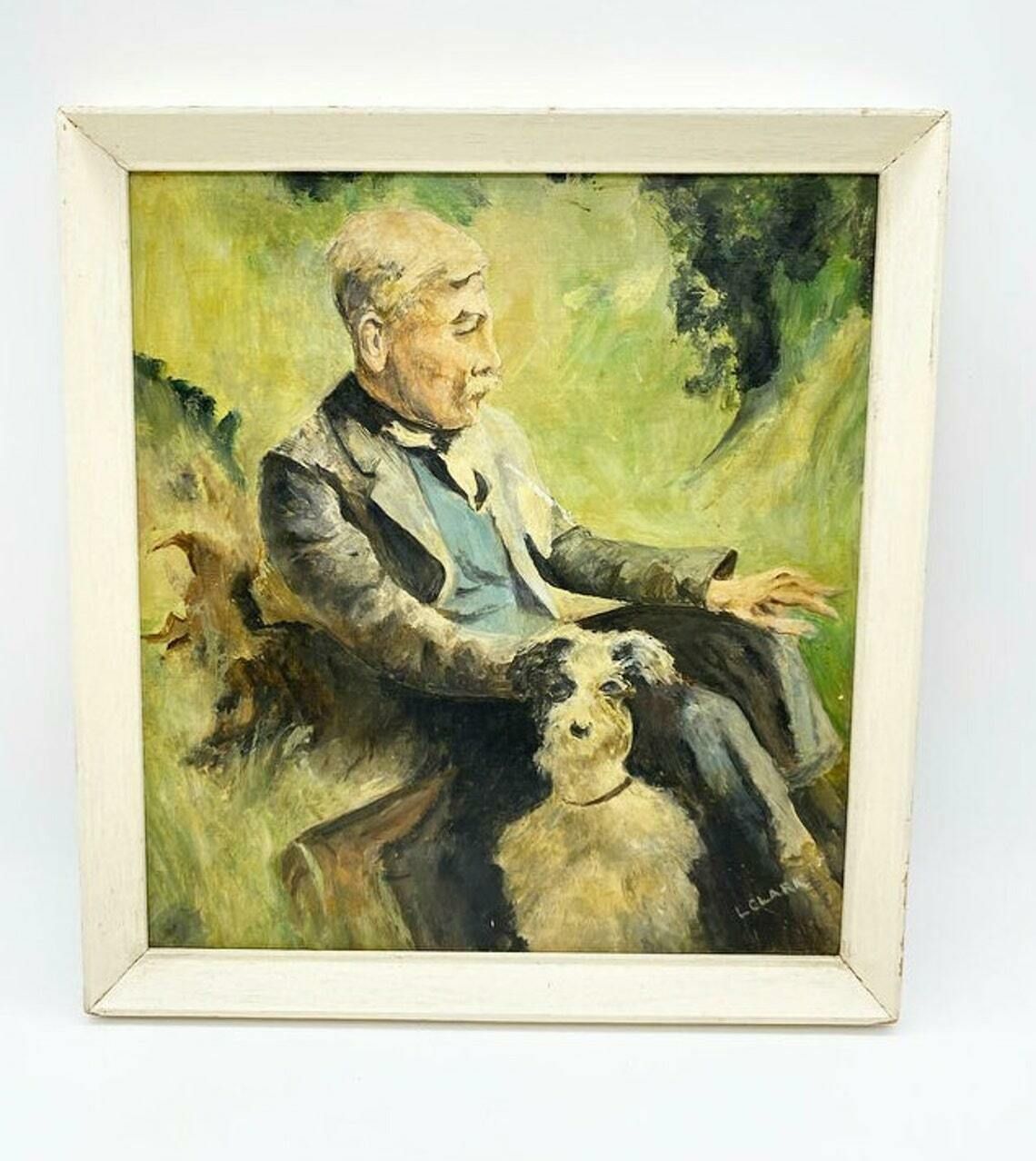 Vintage 1930s Small Portrait Of A Man With Dog Signed Oil On Board photo Art