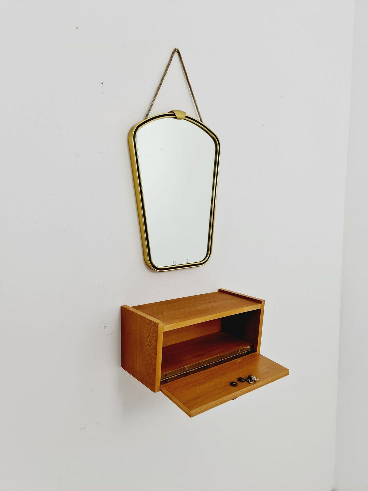 Mid Century Asymmetric German Brass Original Kidney Wall Mirror With Shelf From The 60s Model Rockabilly photo for sale