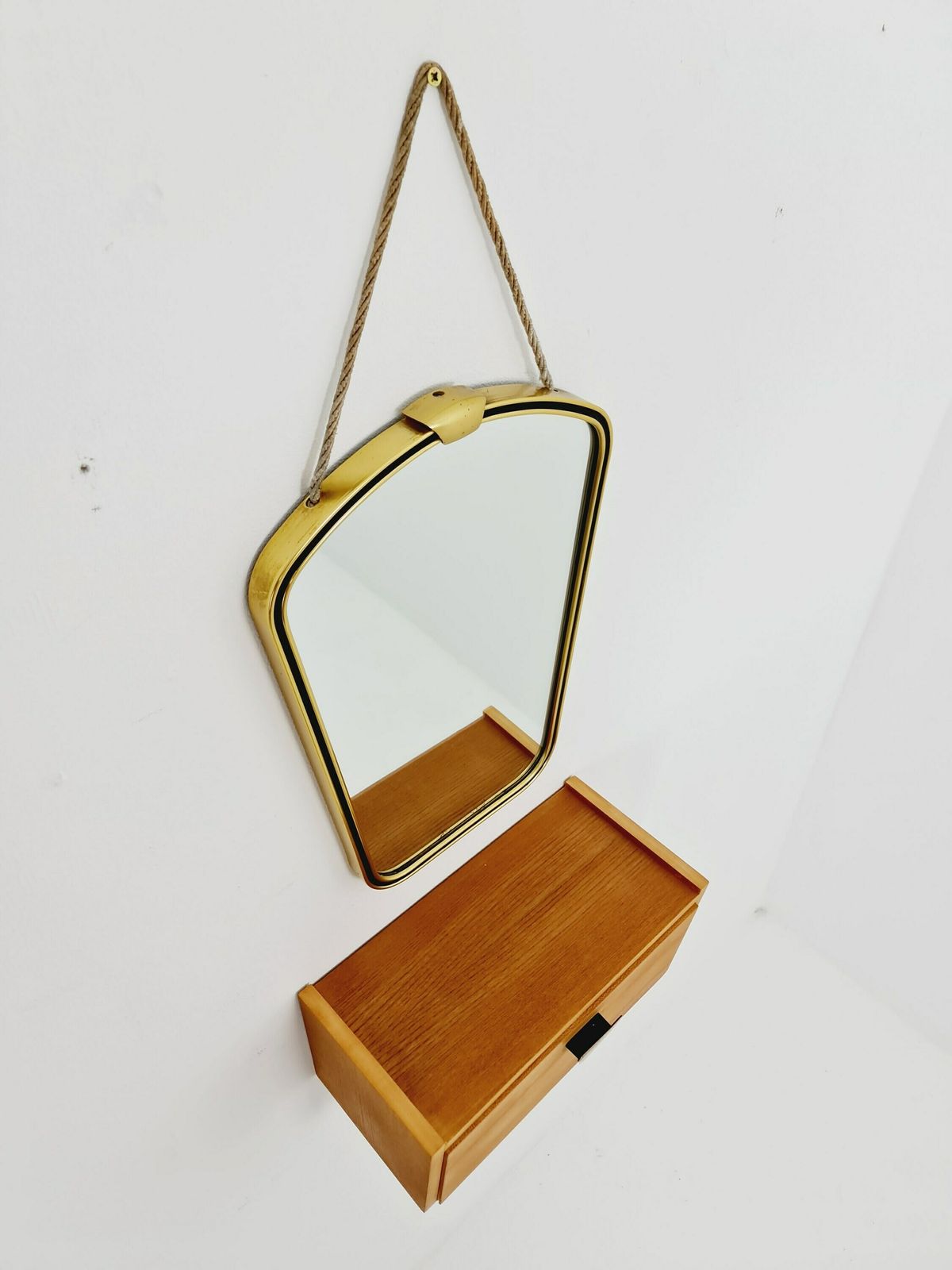 Mid Century Asymmetric German Brass Original Kidney Wall Mirror With Shelf From The 60s Model Rockabilly photo Home Decor