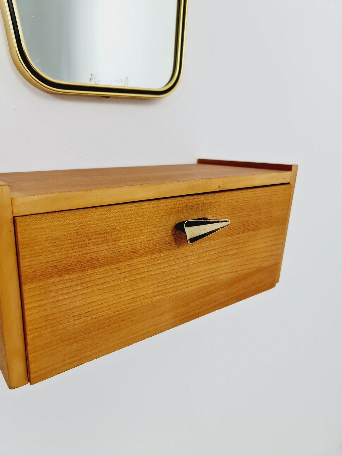 Mid Century Asymmetric German Brass Original Kidney Wall Mirror With Shelf From The 60s Model Rockabilly photo vintage