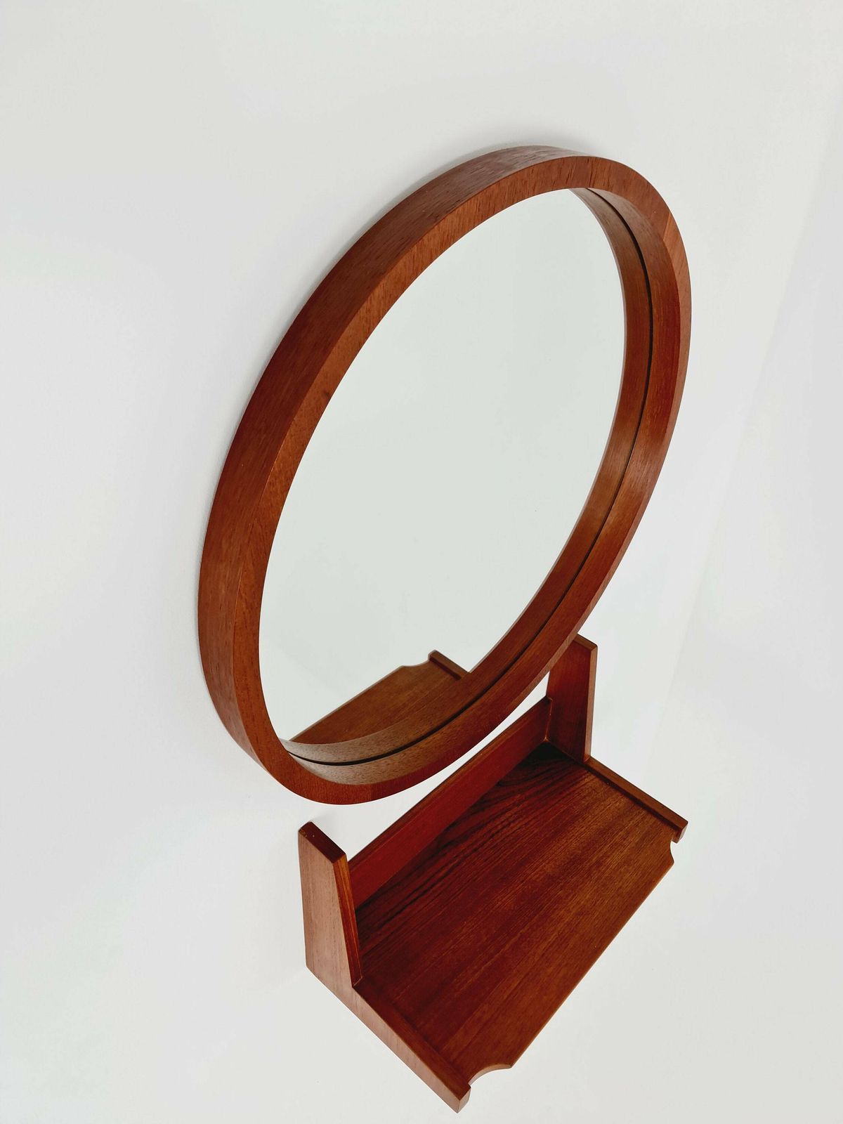 Mid Century Teak German Teak Mirror With Teak Shelf By Münchner Zier, 60s photo vinterior