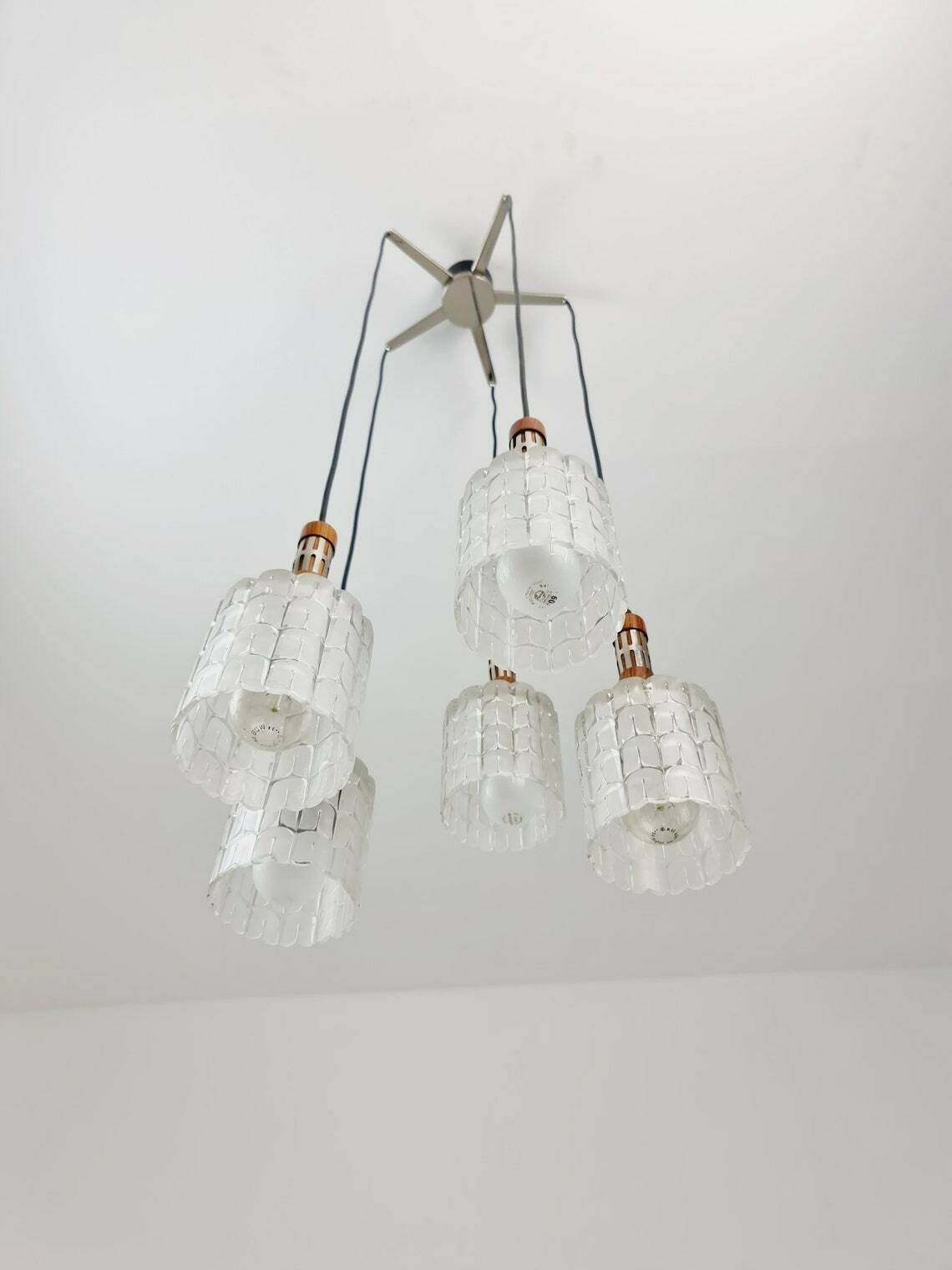 Rosewood And Glass Pendant Lamp, Doria Light Fixture, With Five Murano Textured Glass Tube Pendants, 1970s photo for sale