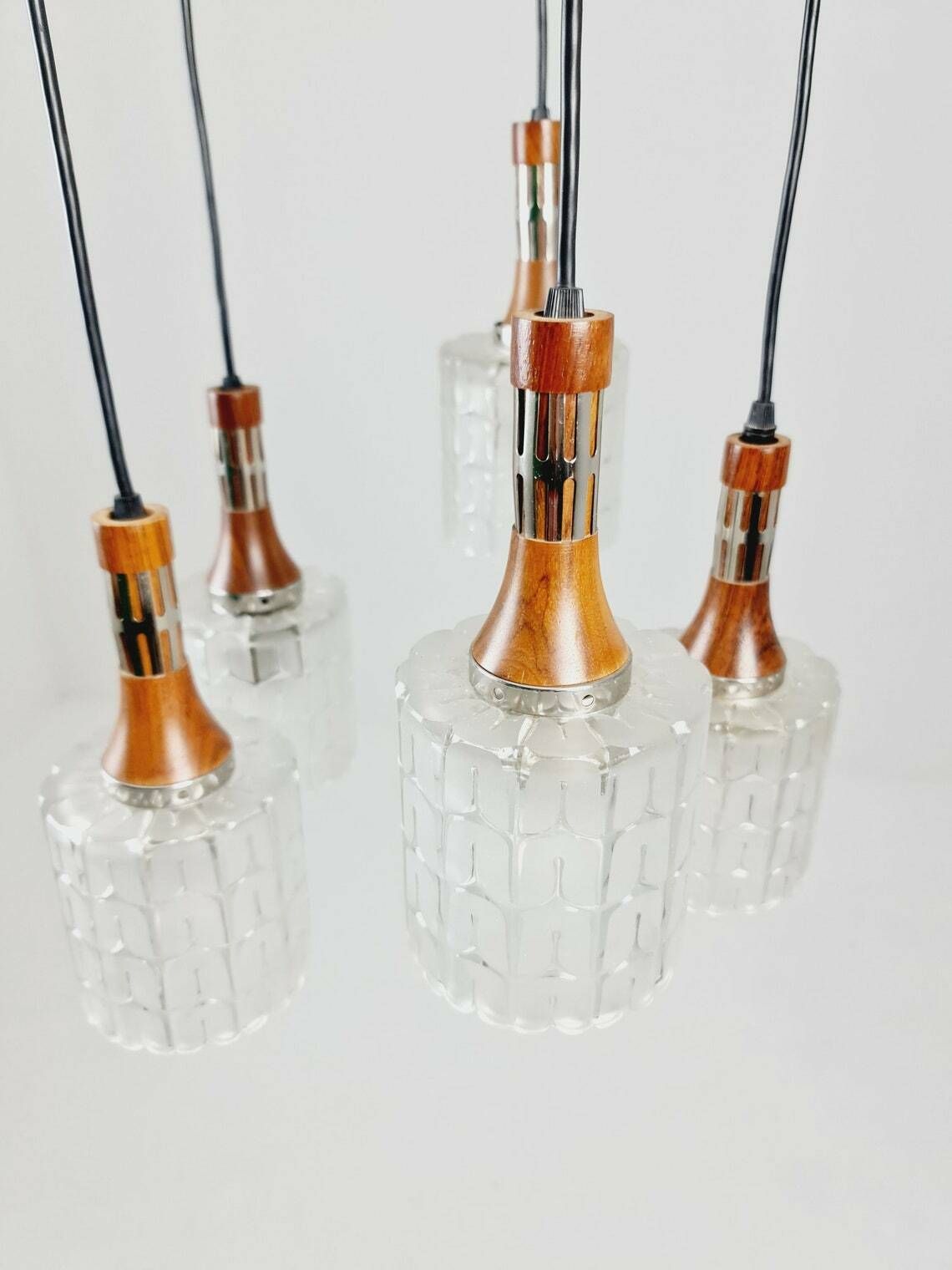 Rosewood And Glass Pendant Lamp, Doria Light Fixture, With Five Murano Textured Glass Tube Pendants, 1970s photo vinterior