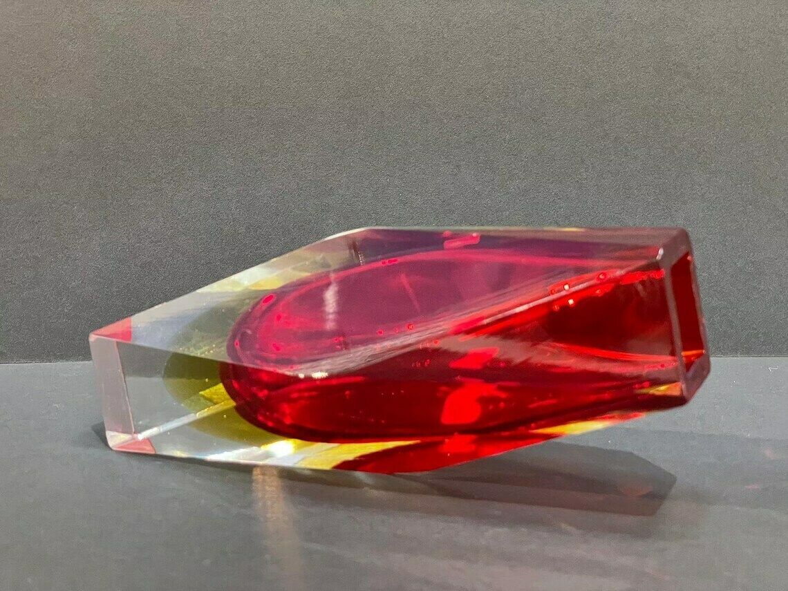 Mandruzzato Vase, Murano, Ruby Red And Yellow Summer Ovase With 12 Facets, Signed, 1960s photo 161.0