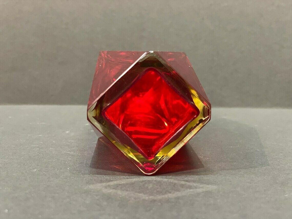 Mandruzzato Vase, Murano, Ruby Red And Yellow Summer Ovase With 12 Facets, Signed, 1960s photo vinterior
