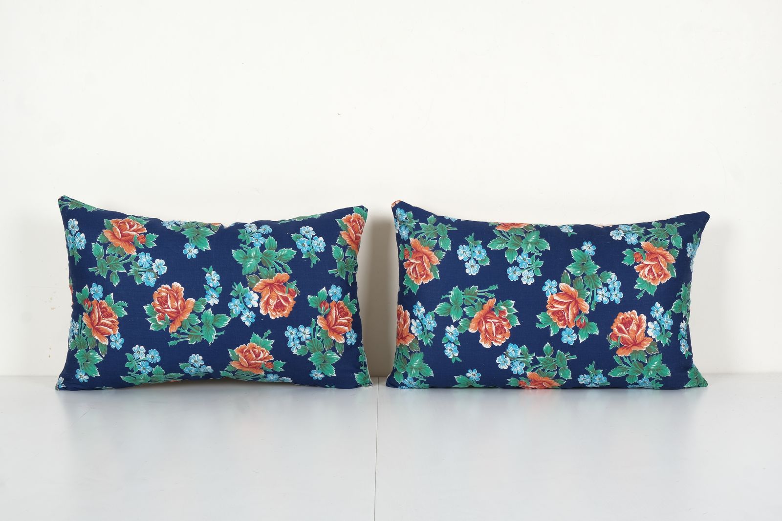 Blue Uzbek Roller Printed Pillow Cover   Set Of Two Uzbek Lumbar Cushion 14'' X 22''
