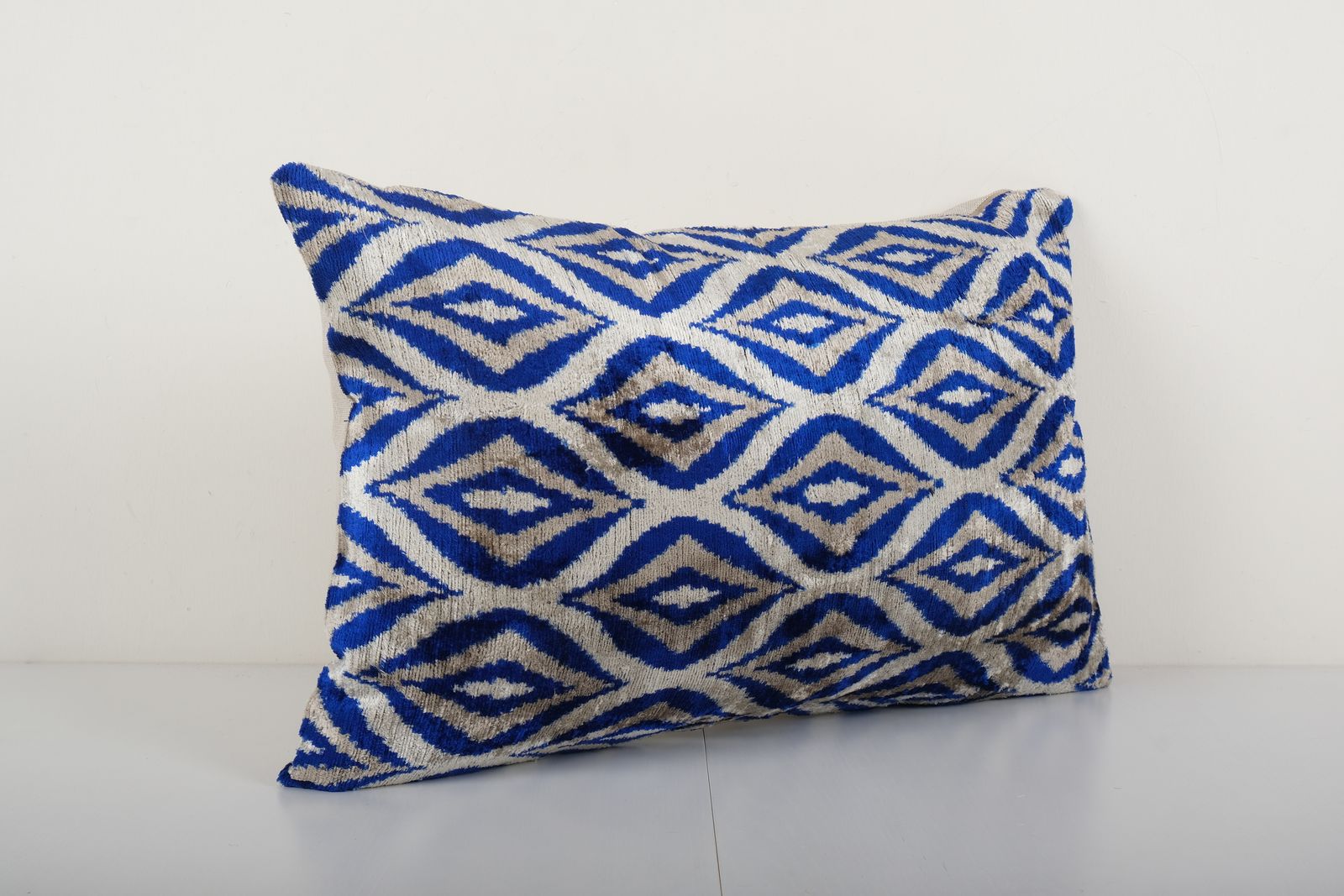 Ikat Blue Pillow Cover   Silk Pastel Velvet Lumbar Pillow Cover   Ethnic Polka Dot Pattern Decorative Pillow 15'' X 24'' photo for sale