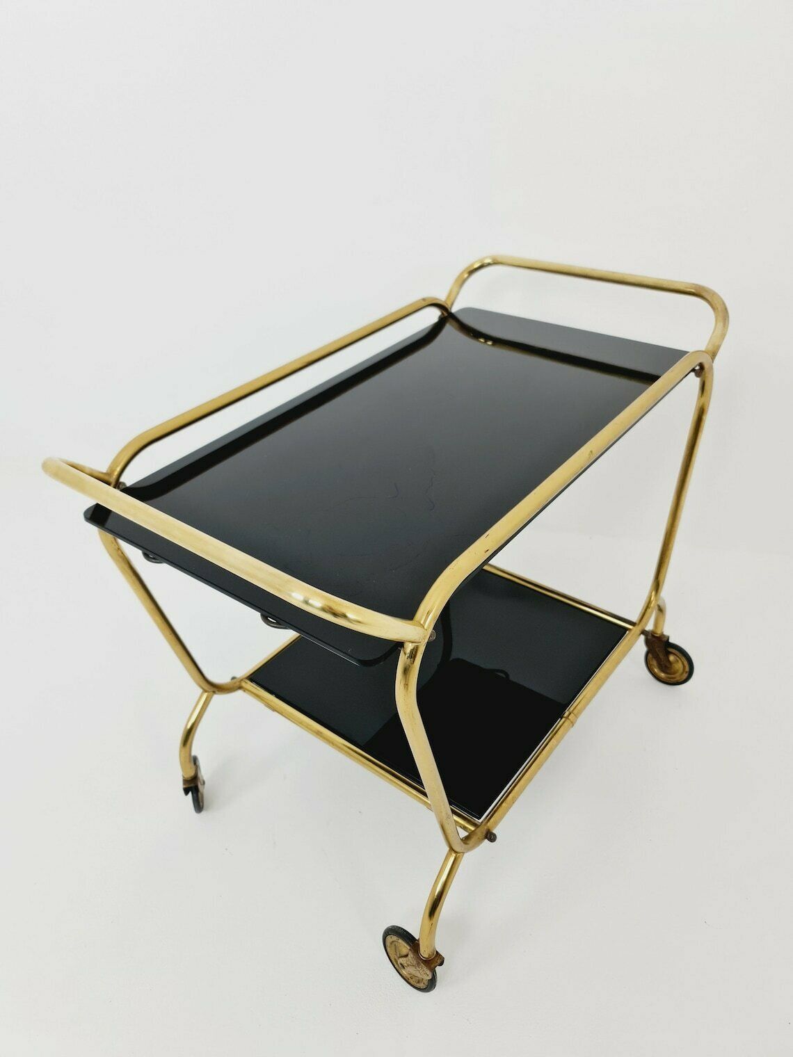 photo furniture German Trolley Brass With Black Glass From The 1970s