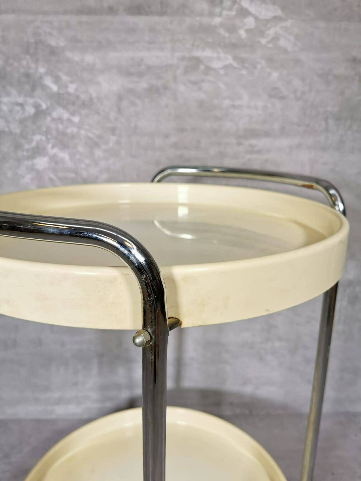 Midcentury Plastic And Metal Chrome Round Italian Bar Cart, 1950s photo Furniture