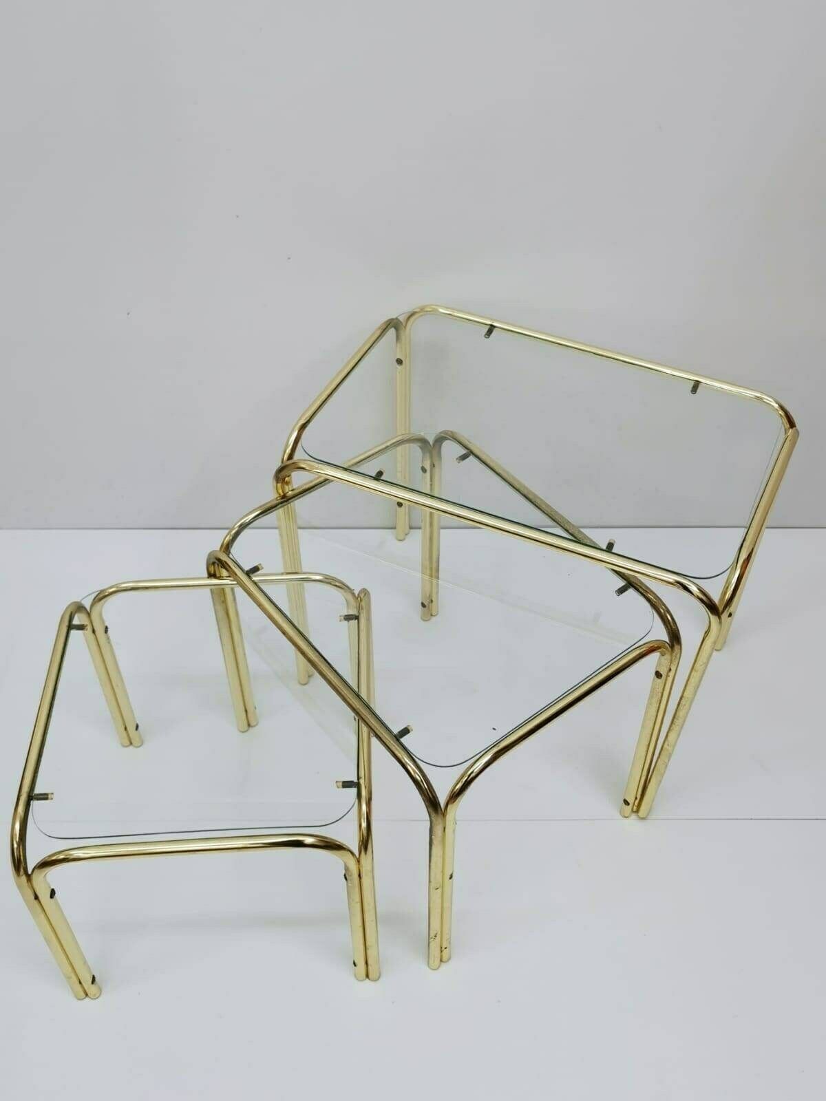 Set Of 3 Mid Century Modern Gold Brass And Smoked Glass Stand Table Set, Living Room Organiser, Or Flower Table 1960s photo Furniture