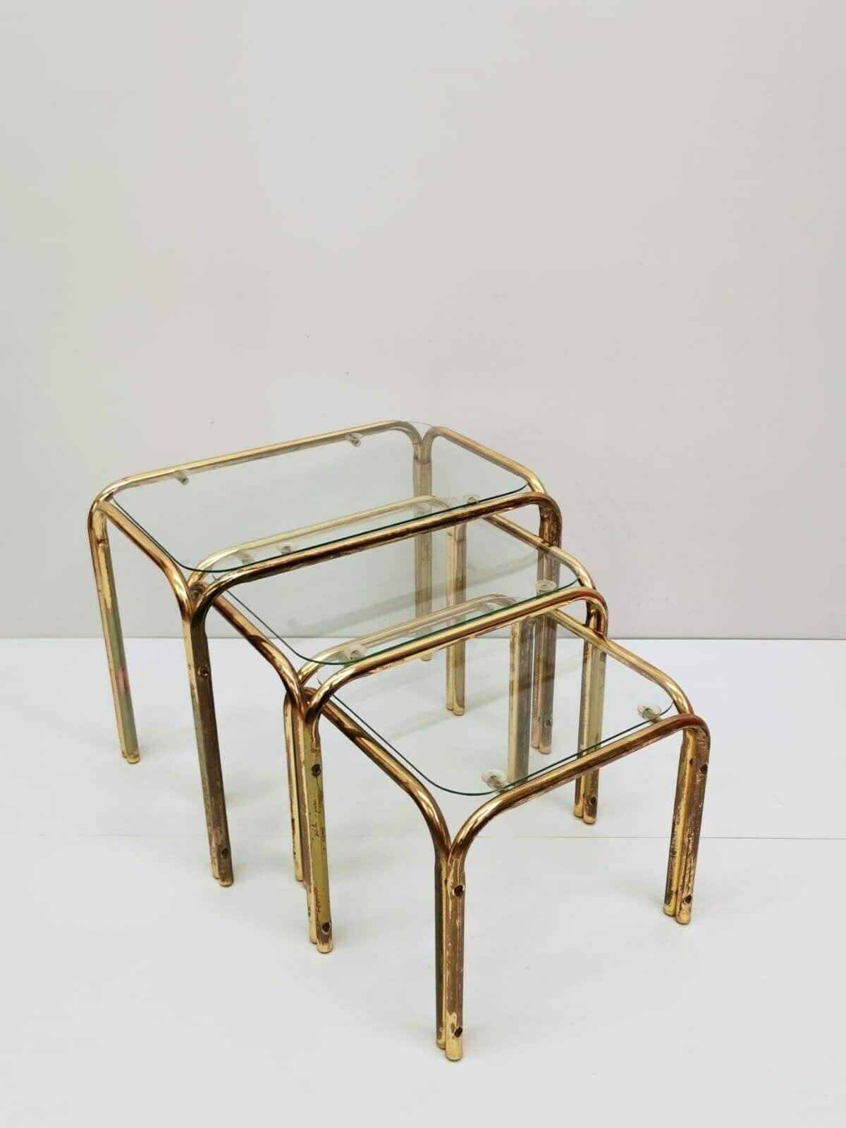 Set Of 3 Mid Century Modern Gold Brass And Smoked Glass Stand Table Set, Living Room Organiser, Or Flower Table 1960s photo buy