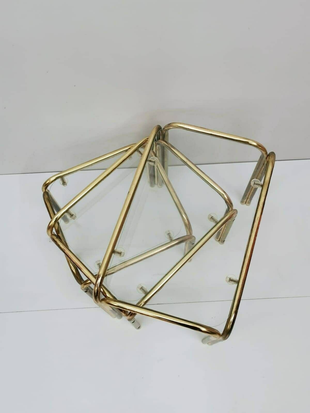 photo furniture Set Of 3 Mid Century Modern Gold Brass And Smoked Glass Stand Table Set, Living Room Organiser, Or Flower Table 1960s