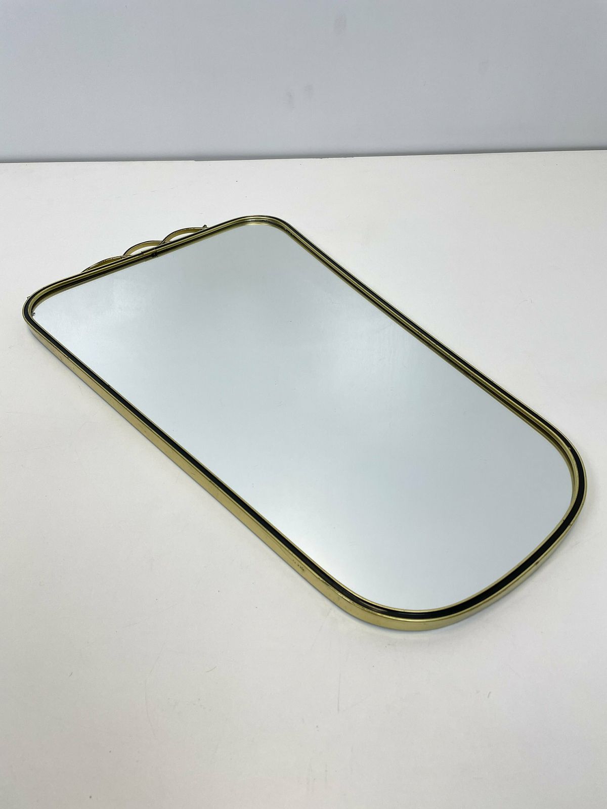 Mid Century Asymmetric German Brass Original Kidney Wall Mirror With 2 Brass Hangers, 1960s photo Home Decor