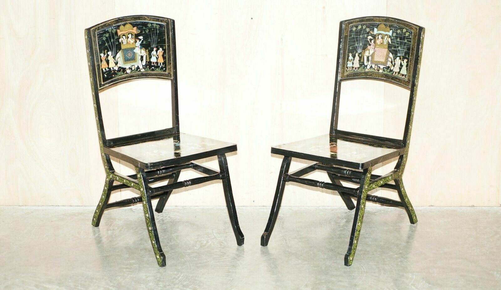 Pair Of Antique Chinese Chinoiserie Indian Decoration Campaign Folding Chairs