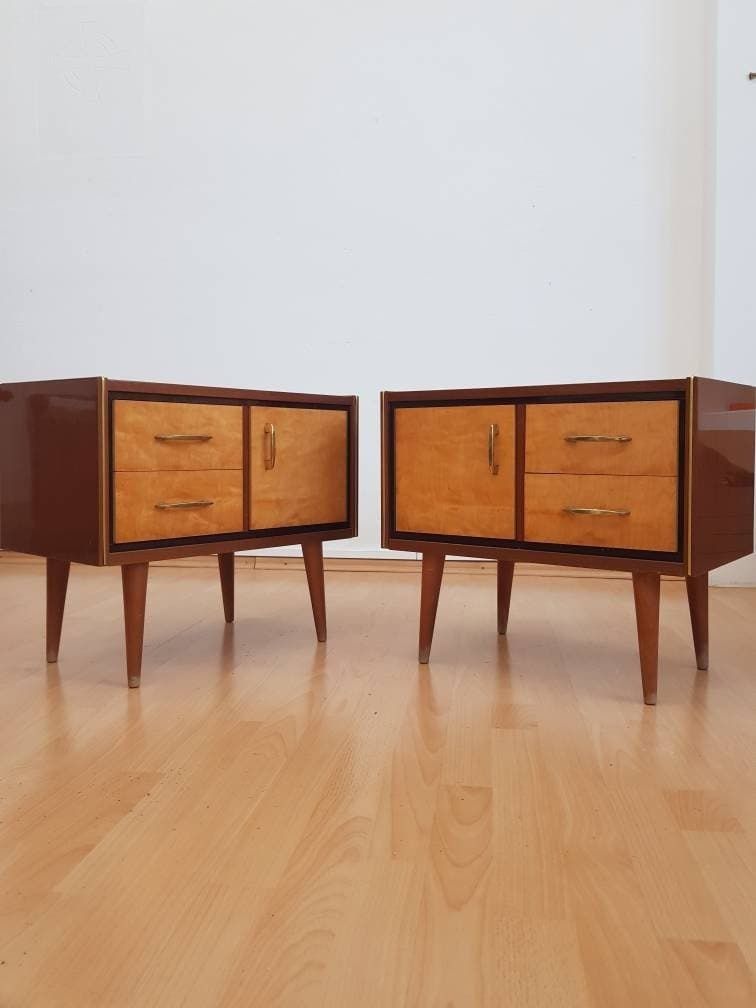 One Mid Century Modern Vintage Maple Tree Nightstands Or Small Chest Of Drawers Right One Designed And Manufactured, 1960s, Italy Rome