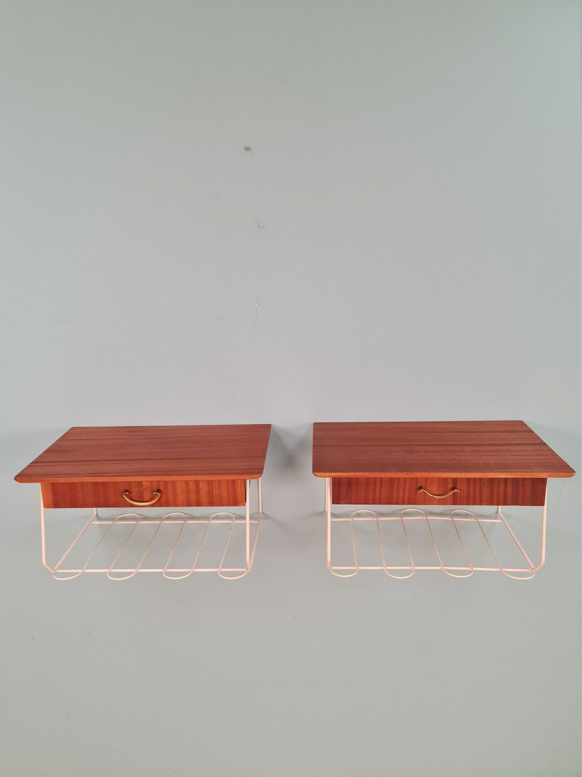 Pair Scandinavian String Mahogany Hanging Telephone Table/ Shelf/ Bedside Table/ Nightstand From The 60s photo Furniture