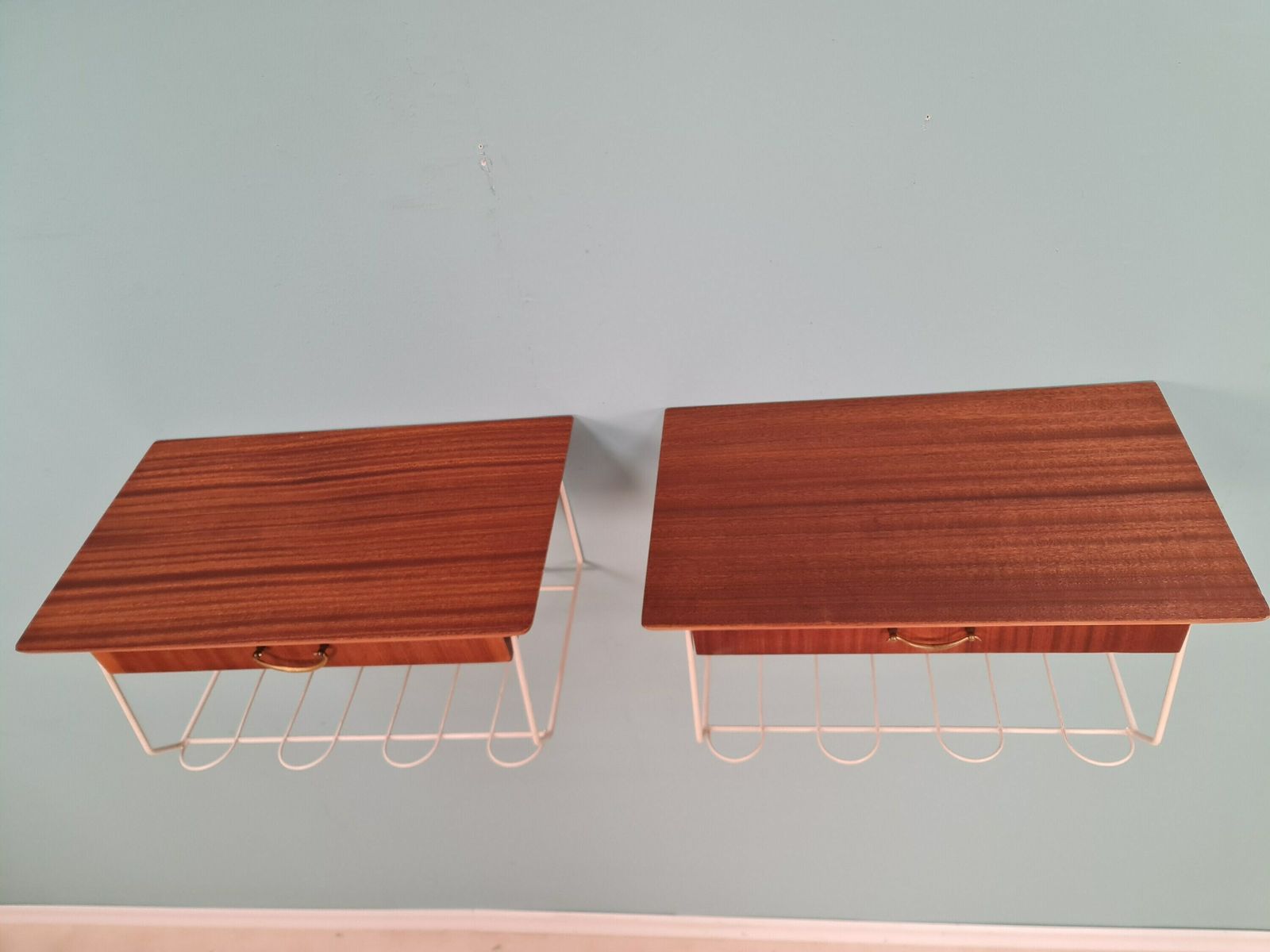 photo for sale Pair Scandinavian String Mahogany Hanging Telephone Table/ Shelf/ Bedside Table/ Nightstand From The 60s