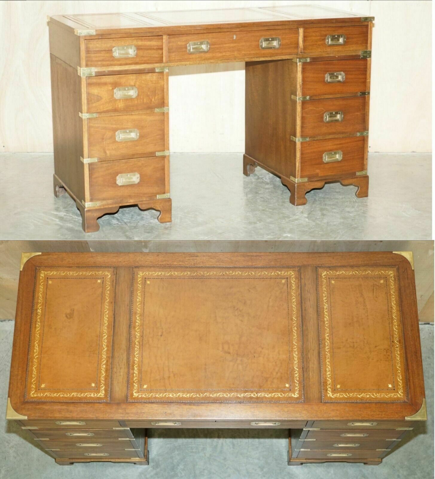 Fully Restored Harrods Kennedy Brown Leather Military Campaign Pedestal Desk