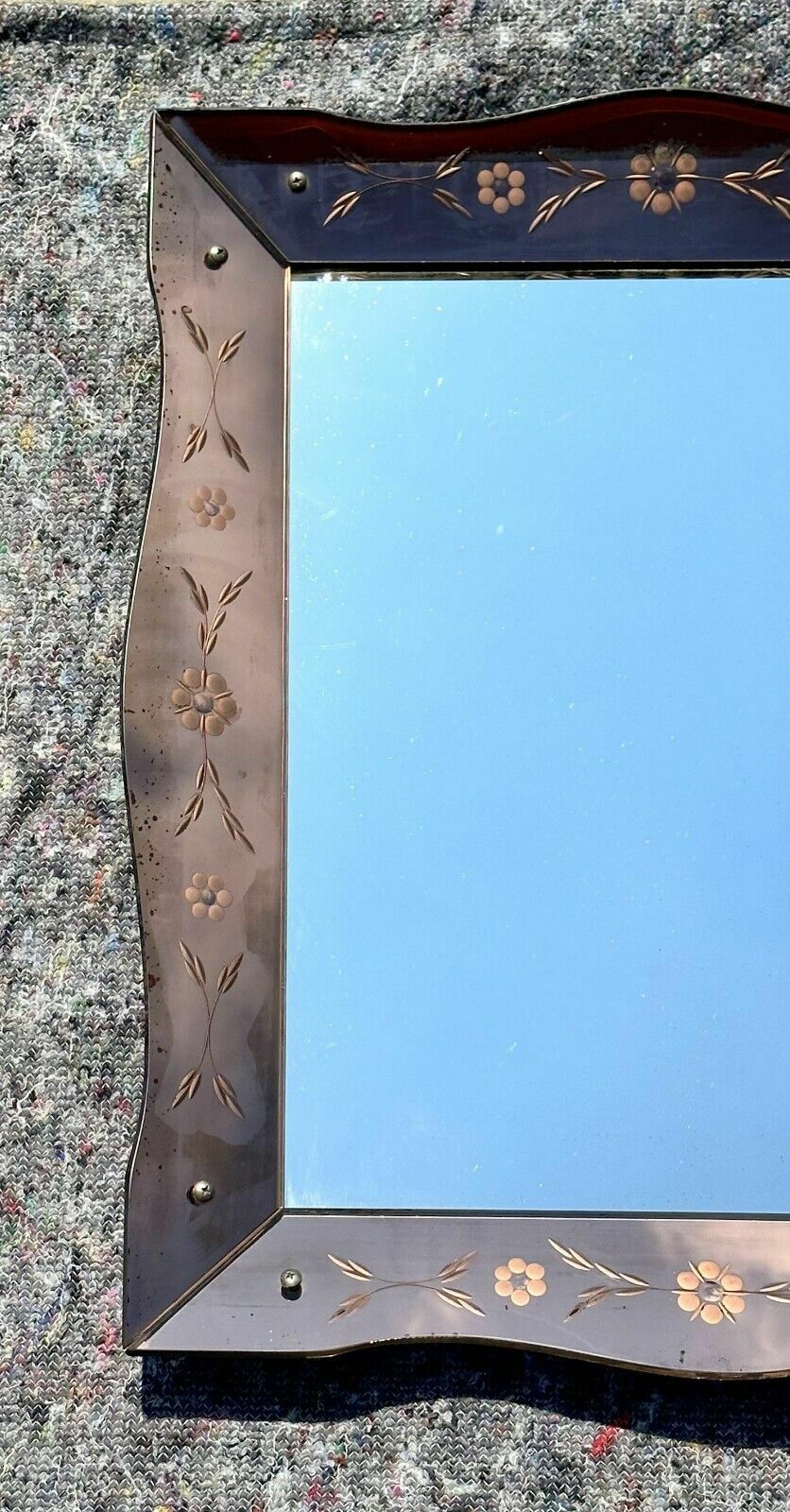 Lovely Antique 1930's Art Deco Rose Glass Bevelled Venetian Flower Petal Mirror photo vinterior