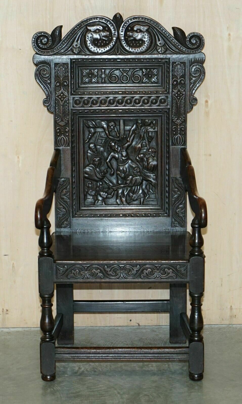 Antique Exceptionally Rare 1686 Dated Wainscot Armchair Northern England Oak photo for sale