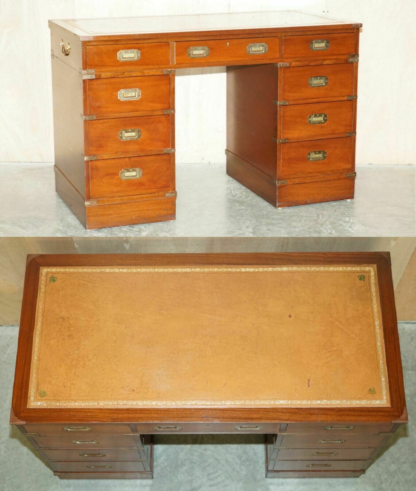 Vintage Restored Harrods Kennedy Brown Leather Military Campaign Pedestal Desk