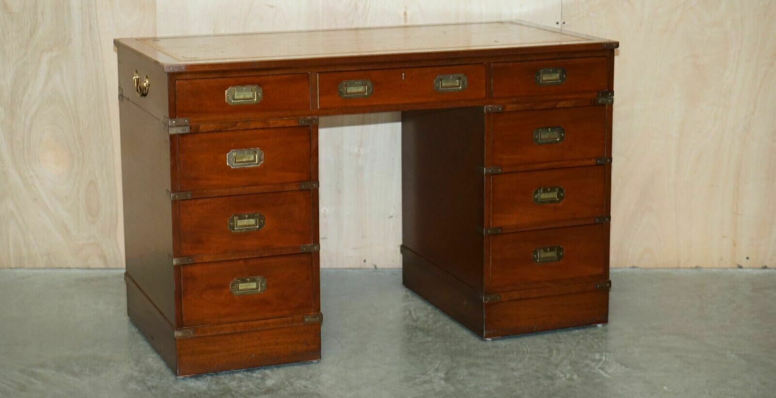 Vintage Restored Harrods Kennedy Brown Leather Military Campaign Pedestal Desk photo furniture