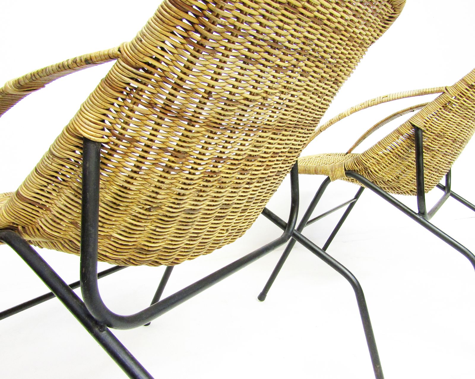 Pair Of 1950s French "Gazelle" Chairs In Rattan Wicker & Tubular Steel photo vintage