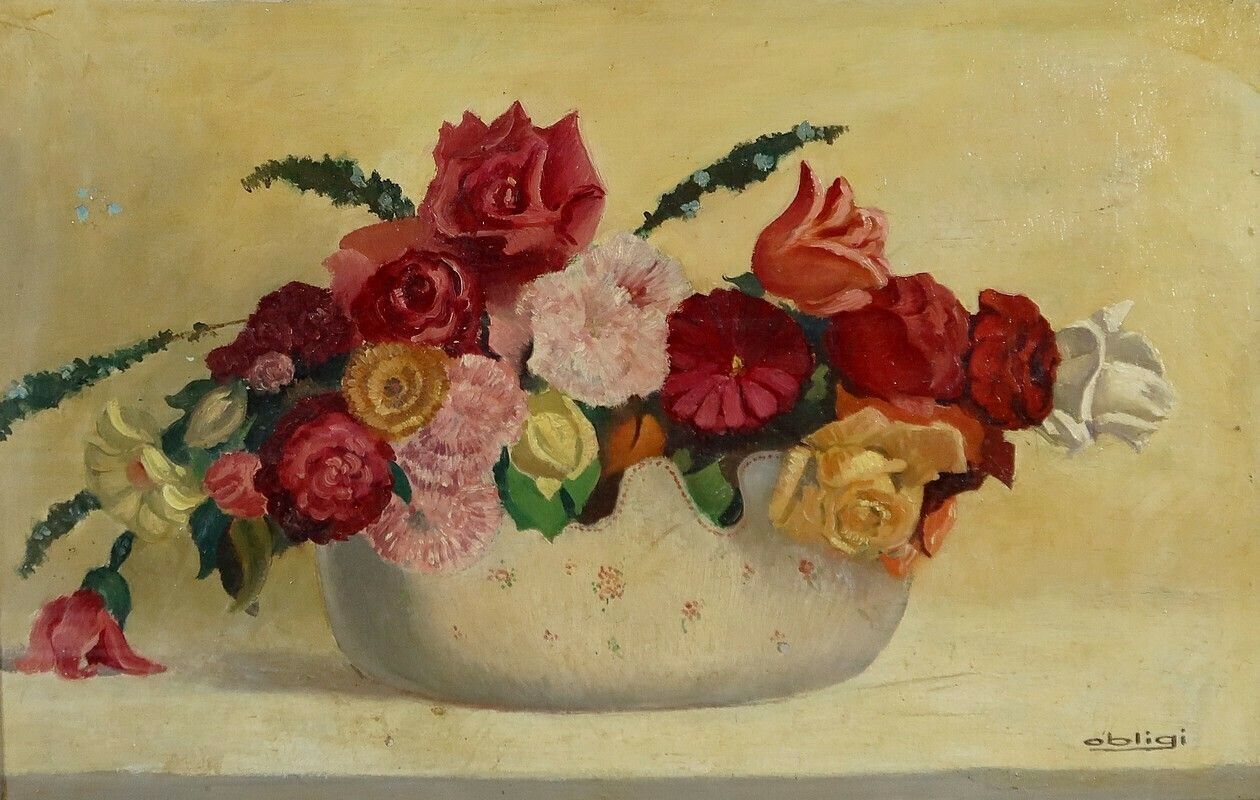 Large Painting "Still Life With A Bouquet Of Flowers" Signed Obligi, Early 20th Century photo Art