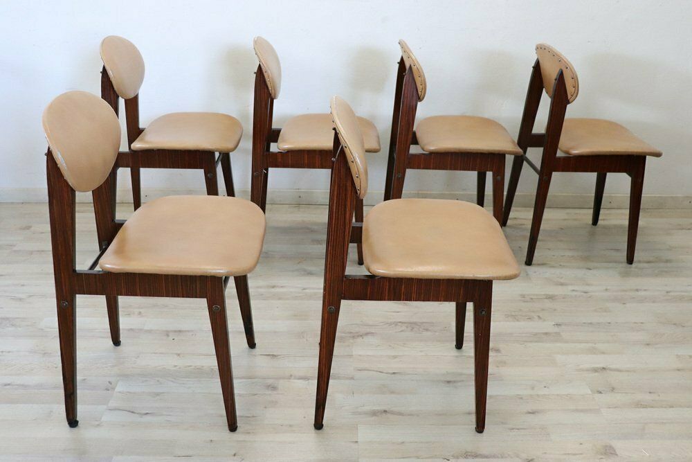 photo furniture Dining Chairs In Beech Wood And Faux Leather, 1960s, Set Of 6