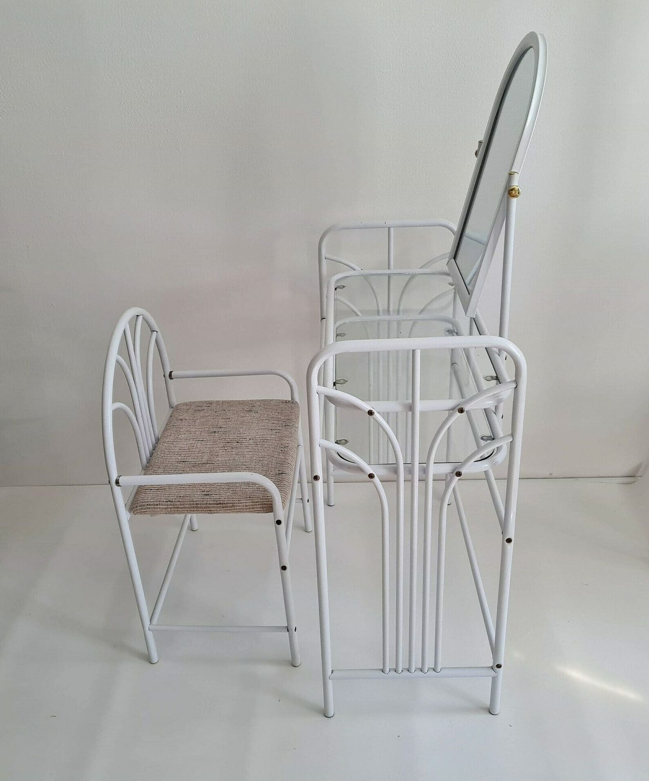 Vintage Mid Century Dressing Metal And Glass Table With Mirror And Stool 80s photo Furniture