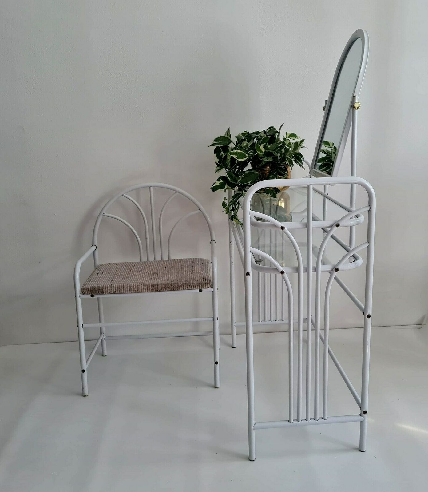 Vintage Mid Century Dressing Metal And Glass Table With Mirror And Stool 80s photo vinterior
